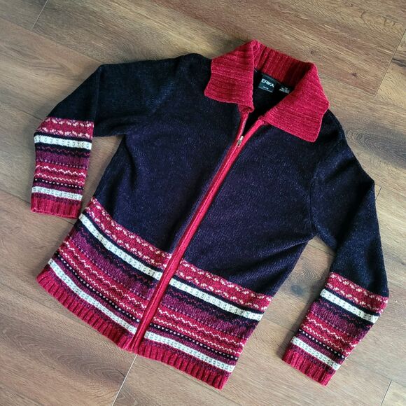 Vintage ERIKA Petite Womens Size PS Knit Cardigan Full Zip Sweater Black Stripes - Picture 1 of 16